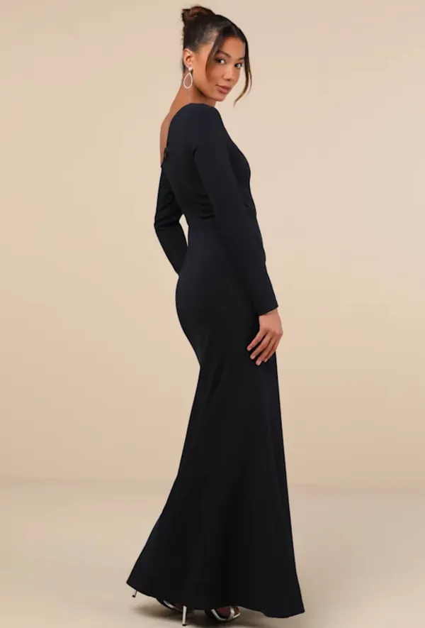 Lulus Navy Blue Asymmetrical Pleated Maxi Dress - Image 4