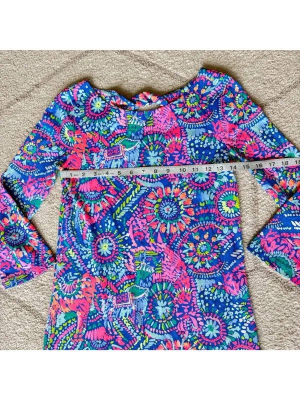 Lilly Pulitzer Style Bright Neon Long Sleeve Shift Dress Blue Pink Tropical XXS - Image 5