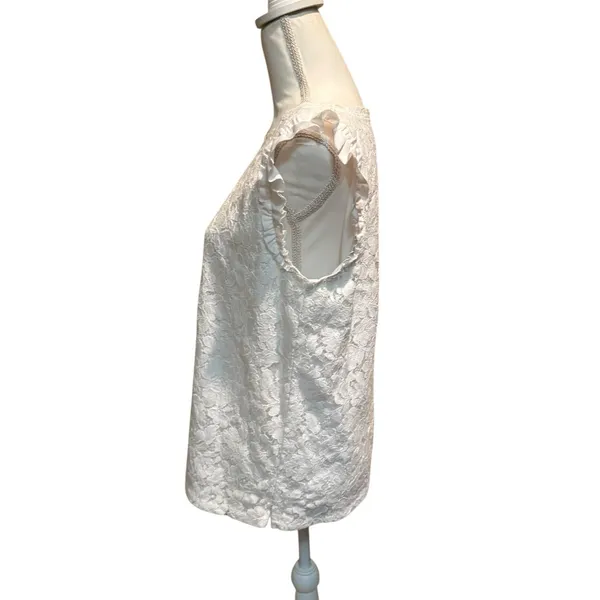 Loft Women's White Top Blouse Crochet Overlay Short‎ Ruffle Sleeves Size Medium - Image 3