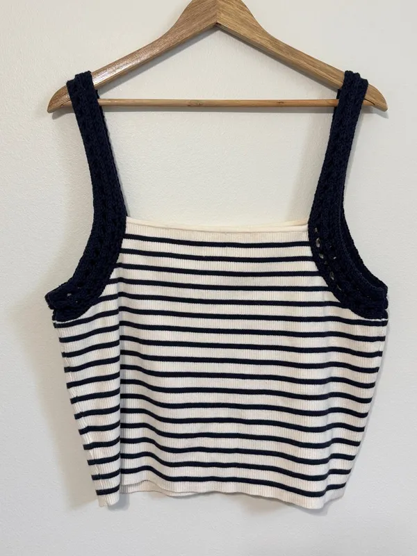 Aerie Knit Crochet Tank Top Size XXL Stripe Navy White Summer Beach Boho - Image 5