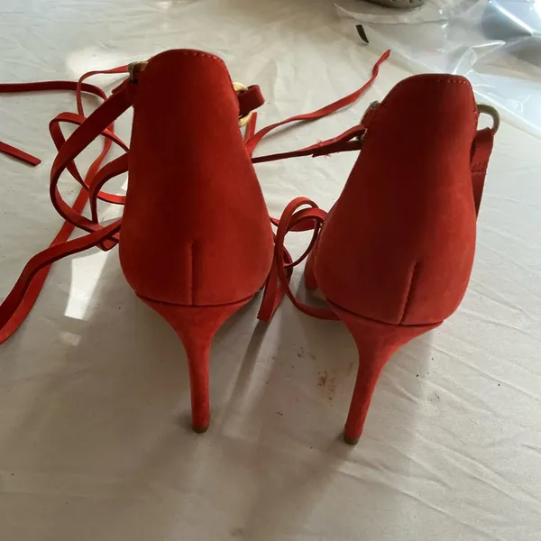 Aldo Red Suede Open Toe Stiletto Heels with Ankle Wrap Straps - Image 4
