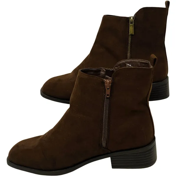 Short Brown Faux Suede Booties Zipper Boots Square Toe by JUSTFAB ~ Women's 8 - Image 5
