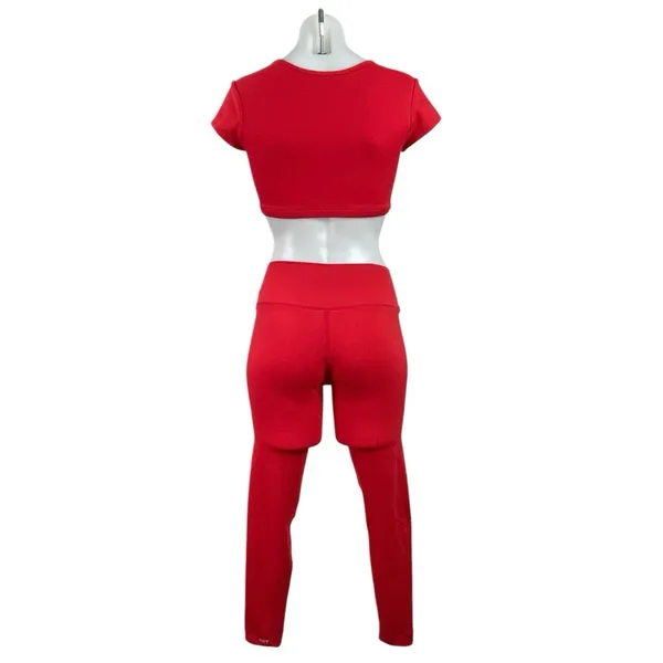 Set Active Red Short Sleeve Scoop Neck Crop Top Leggings Athletic Set Size S - Image 3