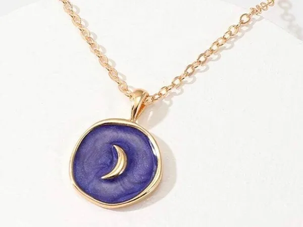Purple Cresent Moon Charm Necklace Gold Chain w/ Celestial Pendant, Sun Stars - Image 2