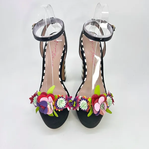 Betsey Johnson Carra Platform Heels Size 9 Black Floral Striped Cocktail Sandals - Image 5