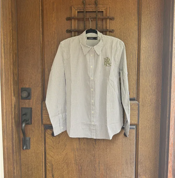 POLO RALPH LAUREN Grayish Green Relaxed Striped Broadcloth Shirt Size XS - Image 2