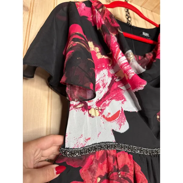 NWT SLNY Cowl Neck Floral Maxi Dress Black Red Floral Flutter Sleeve Size 6 - Image 9