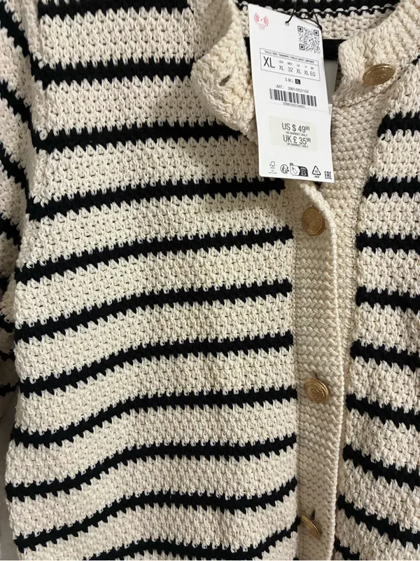 Zara Cream & Black Striped Crochet Cardigan NWT XL - Image 2