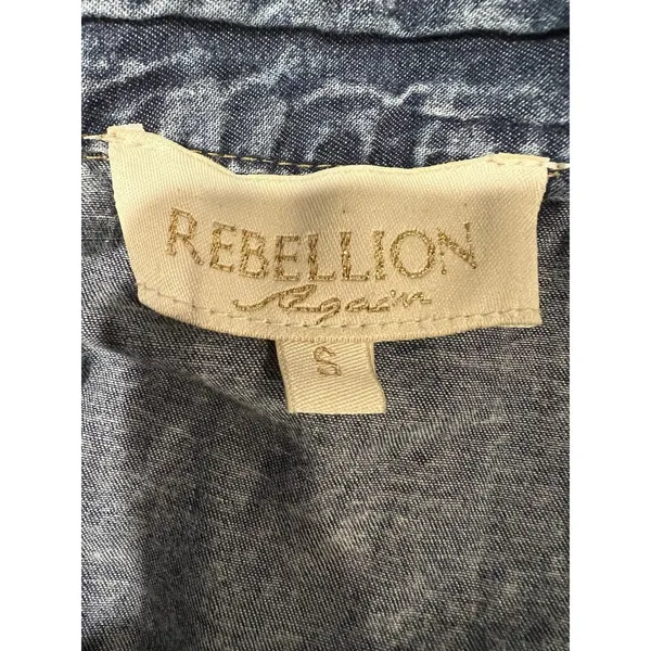 Rebellion denim puff sleeve button down short shirt dress with a tie waist S - Image 6