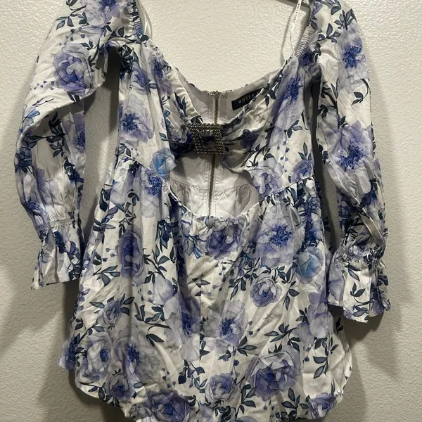 White Fox Boutique Floral Off-Shoulder Jumpsuit - Blue and White - Image 2