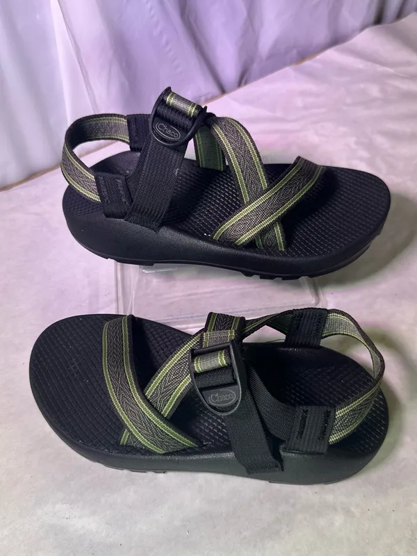 Chacos Black Sandal with Olive and Tan Striped Webbing - Image 2