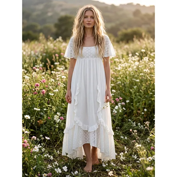 Free People Ethereal Bohemian Cottage Bring The Romance Maxi Dress White Medium - Image 12