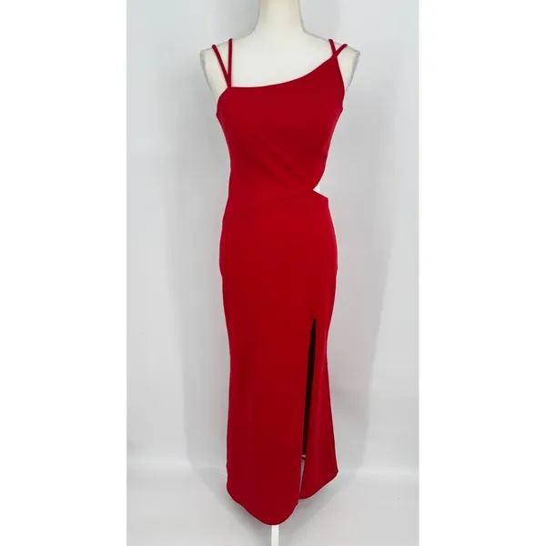 La Femme Gown Size 4 Red Asymmetrical Neck Strappy Back High Slit Evening Formal - Image 6