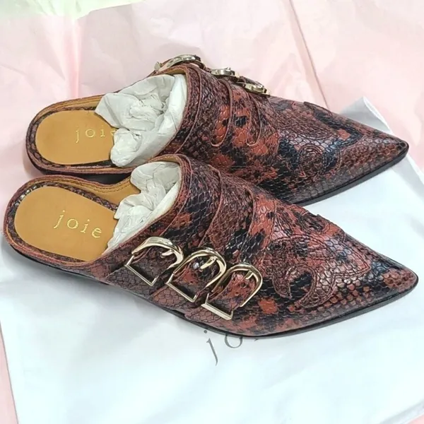 Joie Cabery Rouge Snake Embossed Leather Triple Buckle Mules Pointed Toe 35.5 - Image 3
