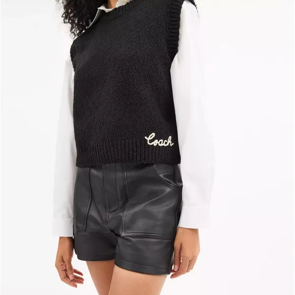 COACH Crewneck Sweater Vest Black Embroidered Organic Cotton Wool Cashmere Large - Image 4