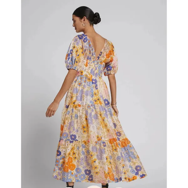 JardinVue Floral Tiered‎ Maxi Dress Orange Purple Puff Sleeve V-Neck Small NWT - Image 2