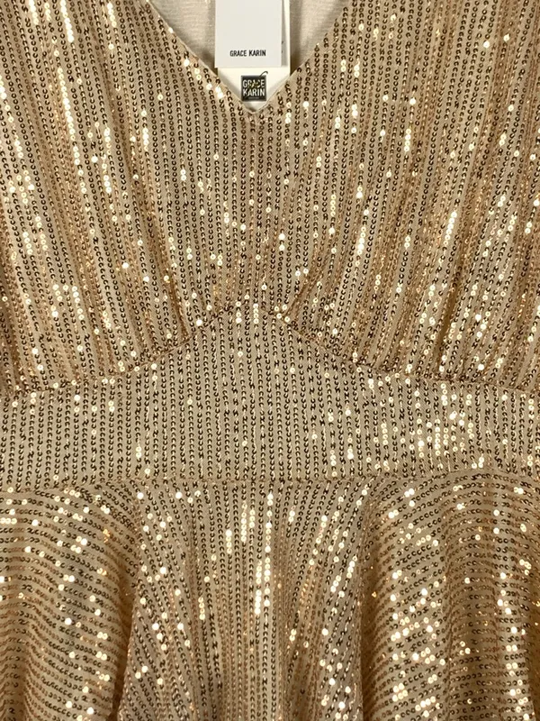 Grace Karin Womens Top 1XL Gold Sequin V Neck Batwing Peplum Party Blouse - Image 7