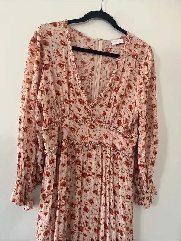 Orange Floral Long Sleeve Maxi Dress Large Cottagecore Prairie Romantic - Image 2