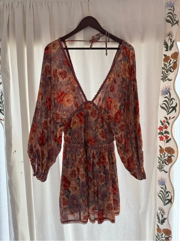 Free People Floral V-Neck Mini Dress in Lavender & Peach - Image 8