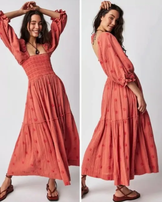 Free People Dahlia Embroidered Maxi Dress in Melon - Image 2