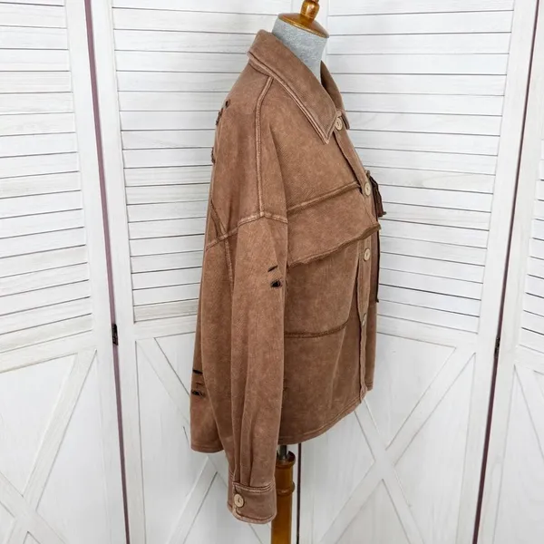 Oddy‎ Shacket Jacket Women Medium Large Brown Distressed Jersey Knit Cropped - Image 3
