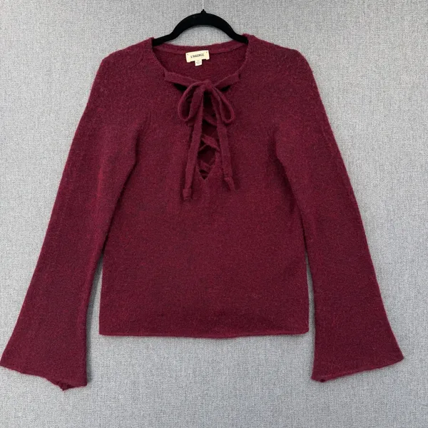 L'AGENCE Candela Lace Up Bell Sleeve Sweater Burgundy Alpaca Wool Blend XS Boho - Image 2