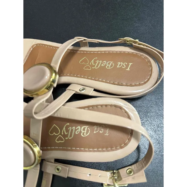 Isa Belly Beige T Strap Flat Wedge Sandals Women Size 7‎ Gold Accents Brazil - Image 3