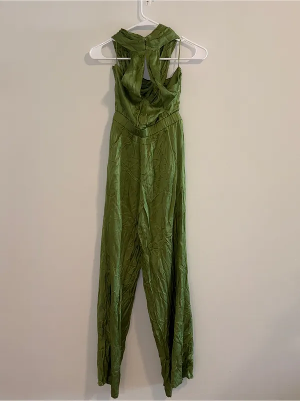 Women’s Anthropologie/DOLAN Green Satin Halter Jumpsuit Size: S - Image 6