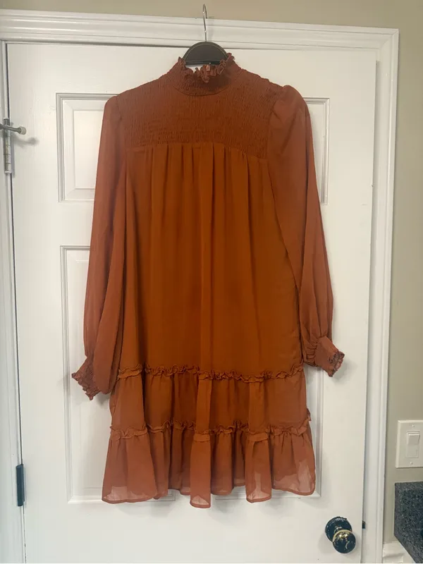 CeCe Rust Smocked High-Neck Tiered Long-Sleeve Dress - Image 7