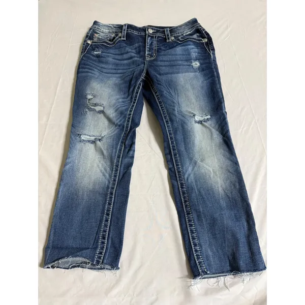 Miss Me Curvy Skinny Distressed Jeans Medium Wash Raw Hem M584B Size 33 - Image 2