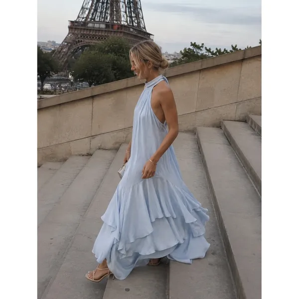 Elliatt Varella Halter Tiered Maxi Dress Light Blue Medium - Image 2