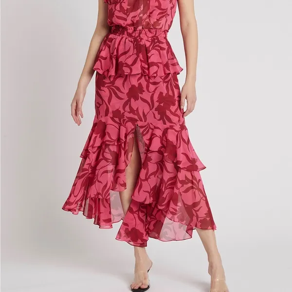 MISA Los Angeles Kalani Skirt Graphic Floral Pink Red Midi Skirt Small - Image 3