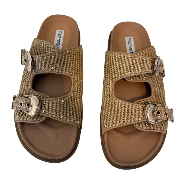 Steve Madden Connely Slide Sandals‎ Women 10 Raffia Double Buckle Studded Raffia - Image 2