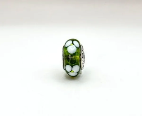 Pandora White Flowers Green Murano Glass Authentic Bead Charm - Image 5
