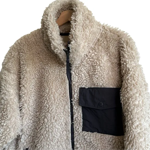abercrombie fitch Sherpa Fleece Jacket Sz L Cinch Waist Zip Up Front Beige - Image 4