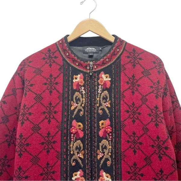 Icelandic Design Wool Cardigan Sweater M Red Nordic Embroidered Floral Full Zip - Image 7