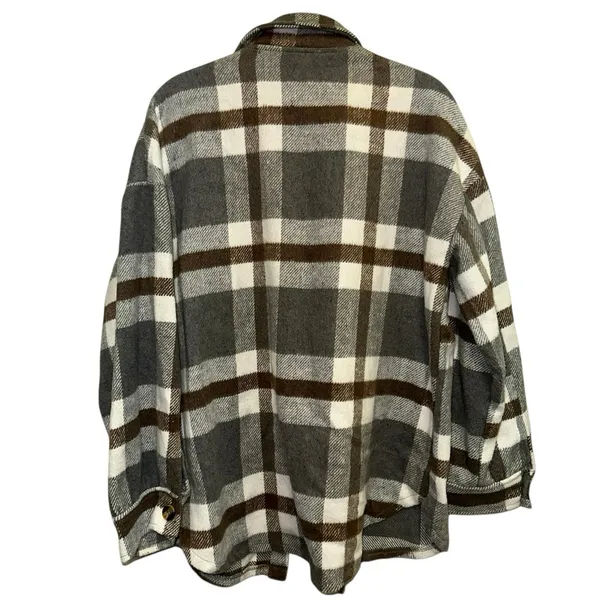 Nowrain Plaid‎ Shacket Jacket Large Cozy Neutral Flannel Layer Brown - Image 4