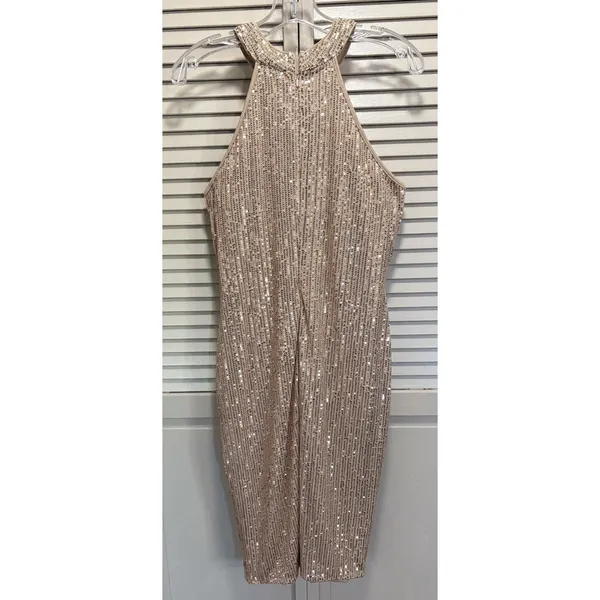 SHEIN Champagne Sequin Halter Sheer Chest Size 12 Back Zip Lined Party - Image 3