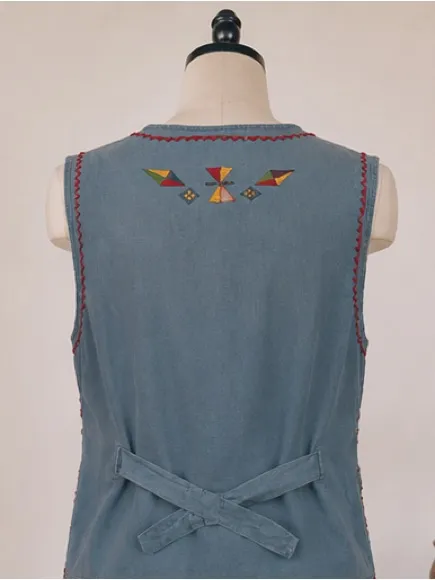 Vtg Asapo Western 100% Cotton Floral Tribal Embroidered‎ Denim Button Up Vest, M - Image 12