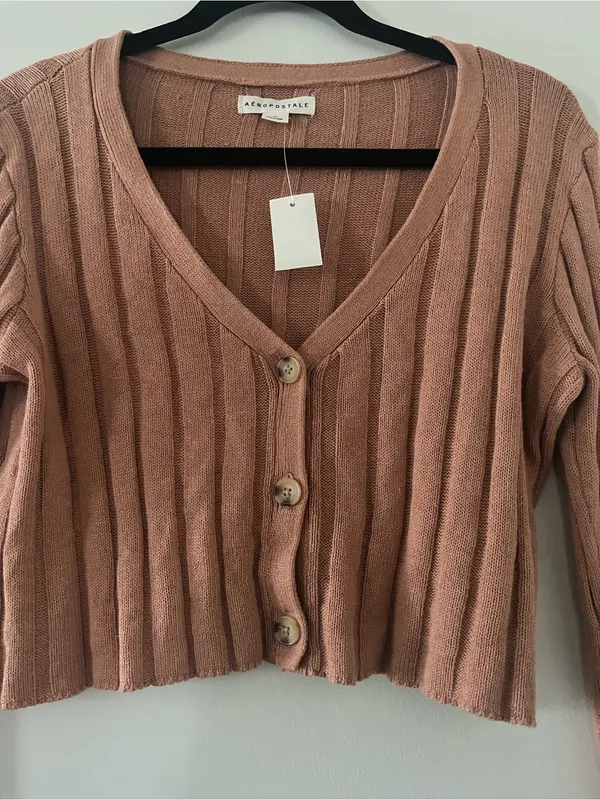 NWT Aeropostale Brown Ribbed Crop Button Up Cardigan Sweater Medium Fall Cozy - Image 3