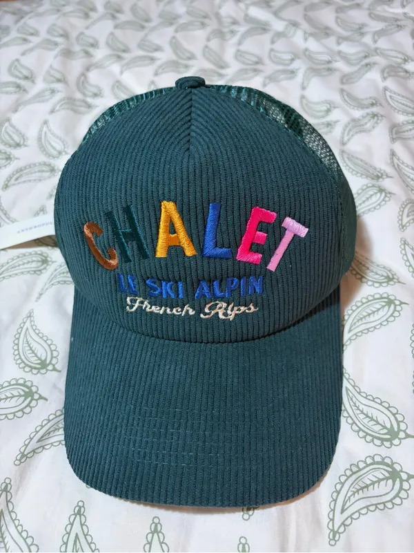 Anthropologie Worn/West Après Ski Trucker Hat Forest Green 'CHALET' Embroidered - Image 3