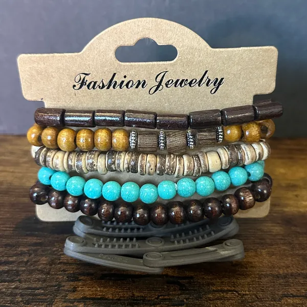 Turquoise and Brown Layered Beaded Bracelet Set Multiple - Image 2