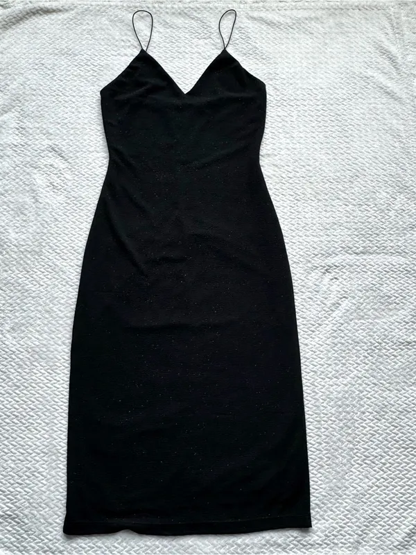 Alice + Olivia Stila Midi Dress 8 Black LBD Side Slit Sparkle Minimalist Party - Image 4