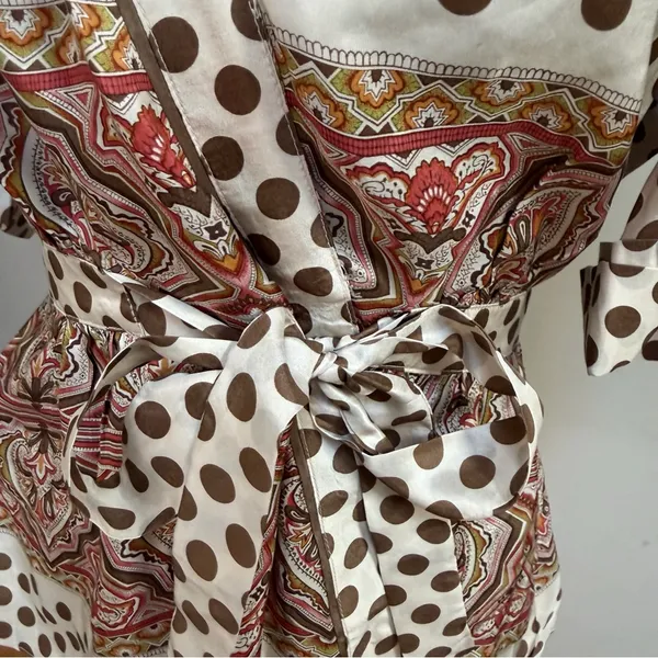 BCBGMAXAZRIA silk polka dots paisley print wrap top snap closure size small tie waist - Image 2