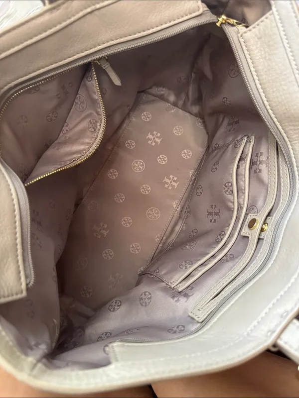 Tory Burch gray Pebbled Leather Tote with Gold Logo - Image 11
