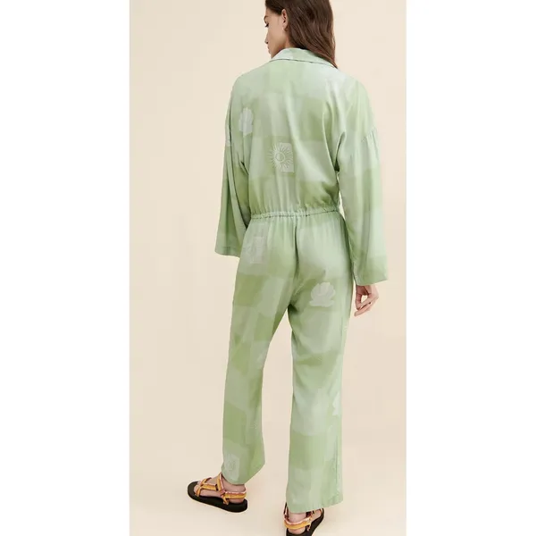 Native Youth Green Jumpsuit Hippie Distressed Patchwork Artsy Floral Celestial - Image 11