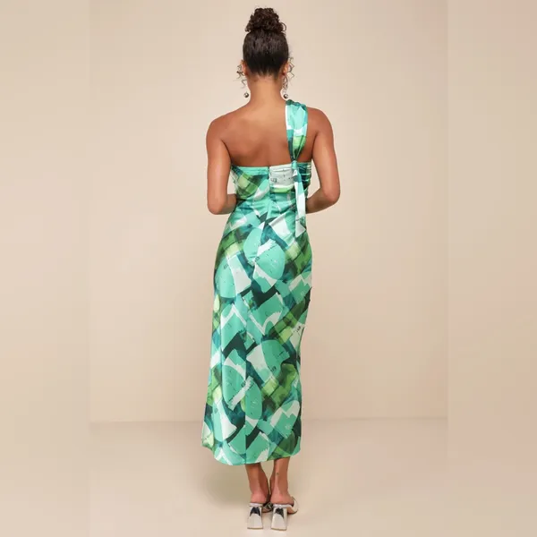 NWT Lulus Iconic Presence Green Abstract Satin One-Shoulder Mini Dress in Size M - Image 2
