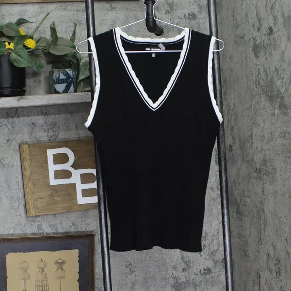 NEW Karl Lagerfeld Paris Womens Lace-Trim Sweater Tank Top Black Soft White XL - Image 3