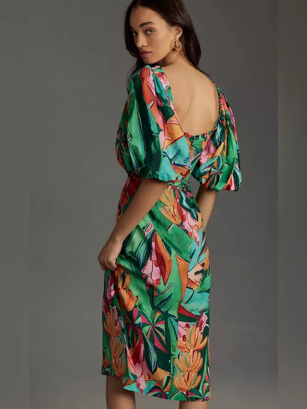 Farm Rio Puff-Sleeve Midi Dress Banana Leaf - Image 3