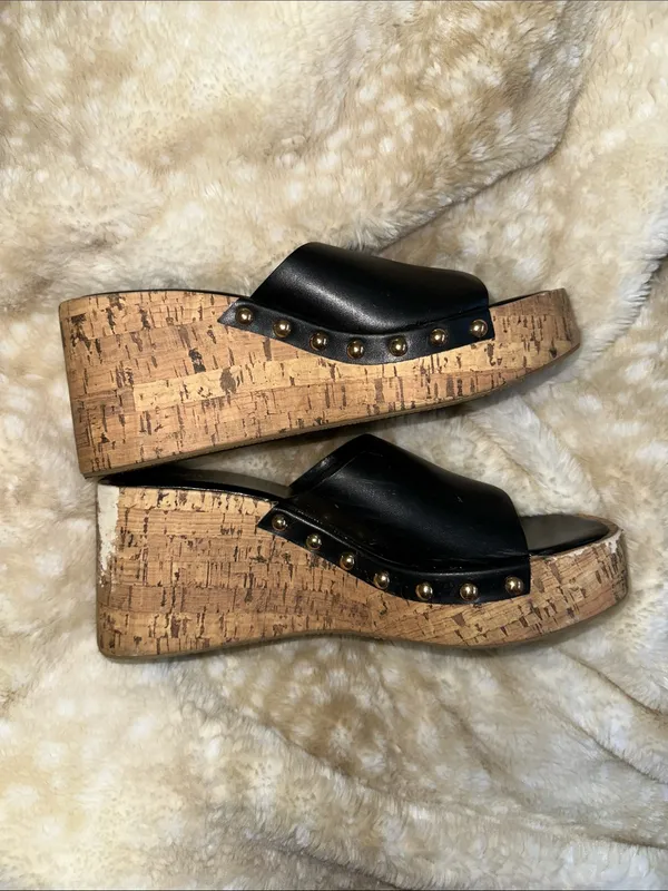 Zara Black Leather Cork-Platform Wedge Slides with Gold Studs - Image 5